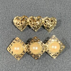 Gold Tone Triple Heart Faux Pearl Hair Clip Barrette Vintage Set Women‎ Preppy